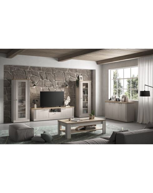 Kleiner TV-Ständer im Country-Design mit Tischplatte aus Cadiz-Eiche, weiße Baisereiche — 211 x 58 x 44 cm