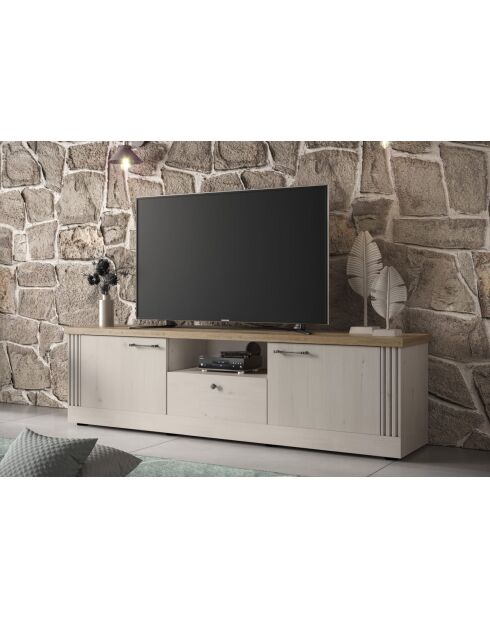 Kleiner TV-Ständer im Country-Design mit Tischplatte aus Cadiz-Eiche, weiße Baisereiche — 211 x 58 x 44 cm