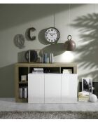 3-türiges Sideboard HAMBURG, glänzend lackiertes Weiß, Eiche Cadiz - 146x93x42 cm