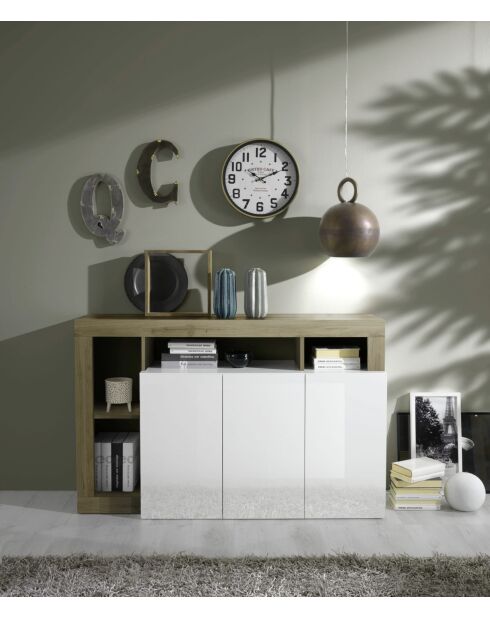 3-türiges Sideboard HAMBURG, glänzend lackiertes Weiß, Eiche Cadiz - 146x93x42 cm