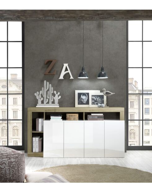 HAMBURG dressoir met 4 deuren in glanzend gelakt wit, cadiz-eik - 184x93x42 cm