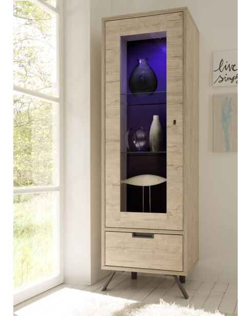 Vitrine 1 porte en verre, 1 tiroir sans éclairage PALMA chêne clair - 56x177x50 cm