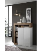 Meuble bar 2 portes HAMBURG blanc laqué brillant, bois mercure - 108x127x42 cm