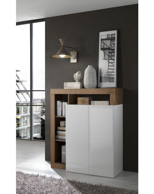 Meuble bar 2 portes HAMBURG blanc laqué brillant, bois mercure - 108x127x42 cm