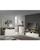 Meuble bar 2 portes HAMBURG blanc laqué brillant, bois mercure - 108x127x42 cm