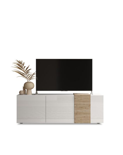 VENUS TV-Untergestell mit 3 Flügeltüren, weiß glänzend lackiert, weiße Cadiz-Eiche - 181x44x57 cm
