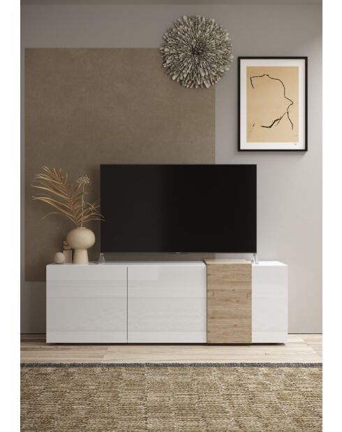 VENUS TV-Untergestell mit 3 Flügeltüren, weiß glänzend lackiert, weiße Cadiz-Eiche - 181x44x57 cm