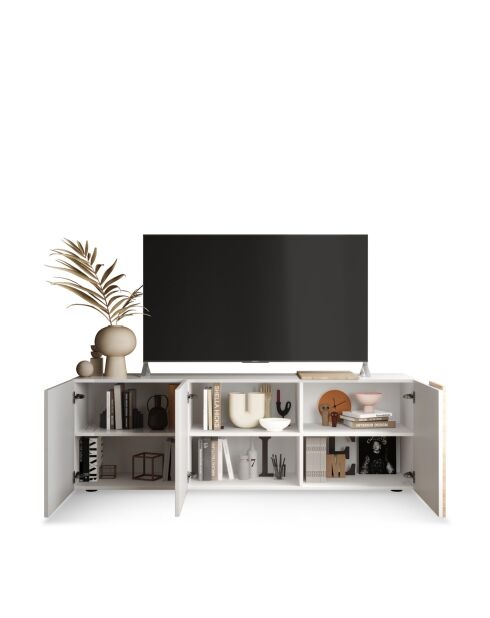 VENUS TV-Untergestell mit 3 Flügeltüren, weiß glänzend lackiert, weiße Cadiz-Eiche - 181x44x57 cm