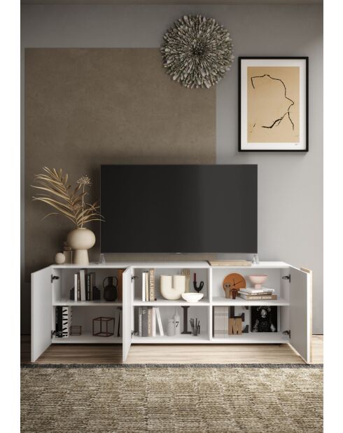 VENUS TV-Untergestell mit 3 Flügeltüren, weiß glänzend lackiert, weiße Cadiz-Eiche - 181x44x57 cm