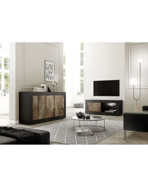Meuble TV petit, 1 porte sans éclairage BASIC noir mat / pero - 140x56x43 cm