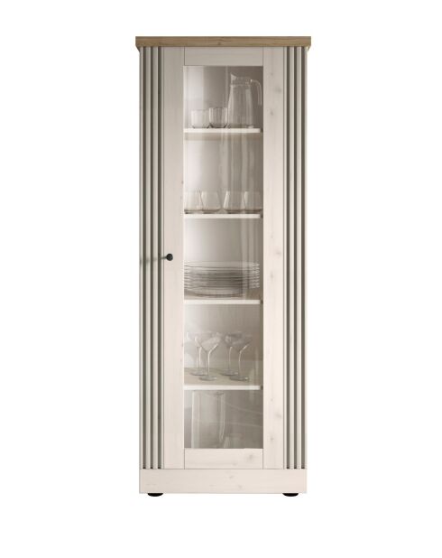 Vitrine 1 porte sans éclairage COUNTRY plateau en chêne cadiz, chêne blanc meringué - 72x192x44 cm