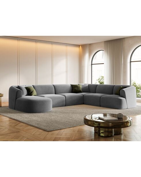 Talia 7-zitsbank in grijs fluweel, modulaire panoramische hoekbank, rechts, 330x255x70 cm