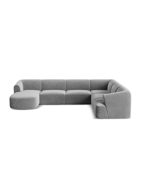 Talia 7-zitsbank in grijs fluweel, modulaire panoramische hoekbank, rechts, 330x255x70 cm