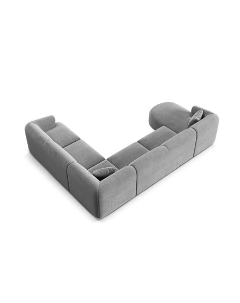 Talia 7-zitsbank in grijs fluweel, modulaire panoramische hoekbank, rechts, 330x255x70 cm