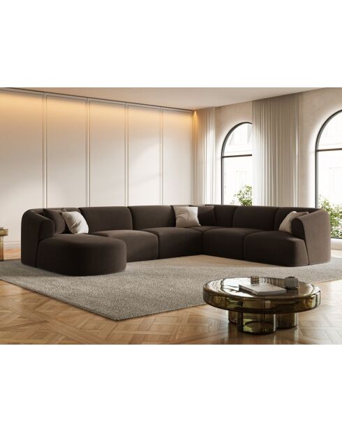 Talia 7-zits chocoladekleurige modulaire panoramische fluwelen hoekbank met rechte hoek - 330x255x70 cm