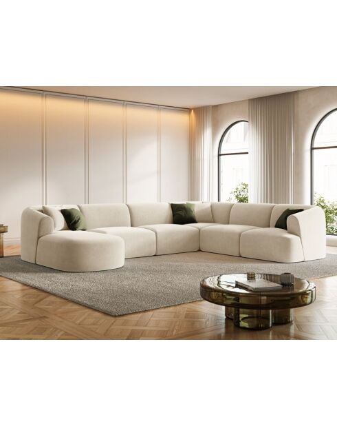Canapé D'Angle Droit Panoramique Modulable En Velours Talia 7 Places Beige Clair - 330x255x70 cm