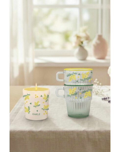 Lot de mugs et bougie Mimosa crème/jaune/vert - 3 pièces