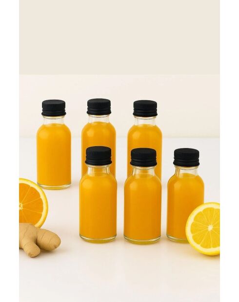 Set van 6 Tu-6Lı100Ccsıyahkapak transparante/zwarte glazen flessen - 100 ml