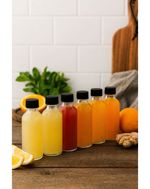 Set van 6 Tu-6Lı100Ccsıyahkapak transparante/zwarte glazen flessen - 100 ml