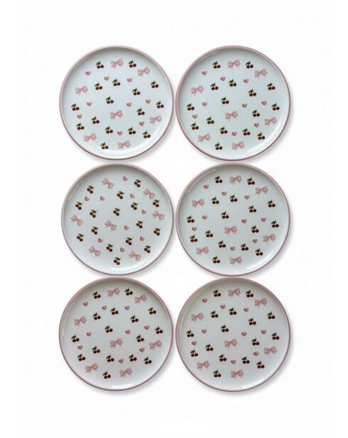 Lot de 6 assiettes à dessert Cherry rose/blanc/rouge - 20x20x2 cm