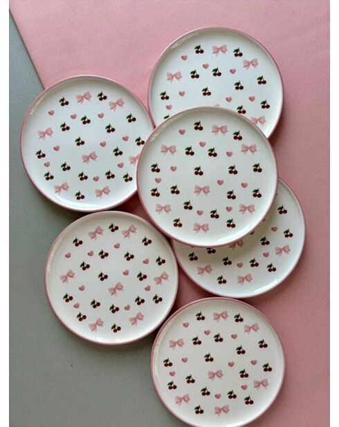 Lot de 6 assiettes à dessert Cherry rose/blanc/rouge - 20x20x2 cm