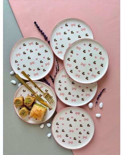 Lot de 6 assiettes à dessert Cherry rose/blanc/rouge - 20x20x2 cm