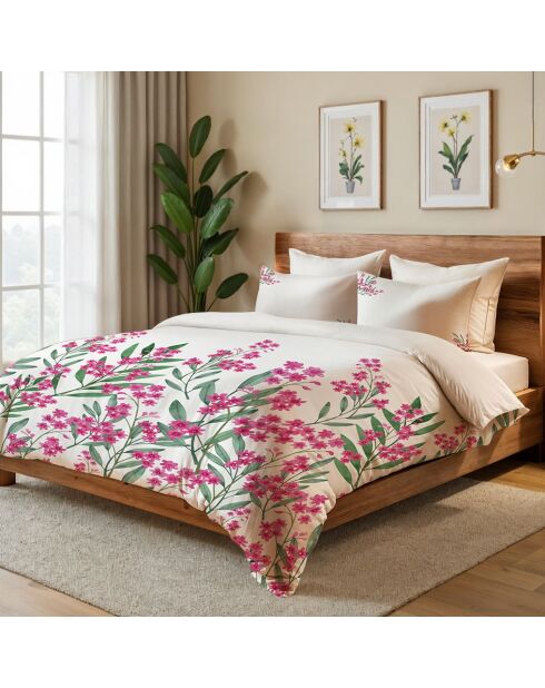 Creme/groen/roze magnolia-dekbedovertrekset van katoen met 1 plaats