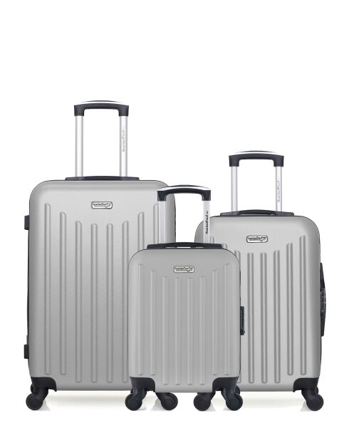 3er-Set — Wochenendkoffer und 2 graue Brooklyn-Allrad-Kabinenkoffer — M/S/XXS