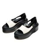 Sandalen mit großer Sohle aus Krepp und elfenbeinfarbenem und schwarzem Leder
