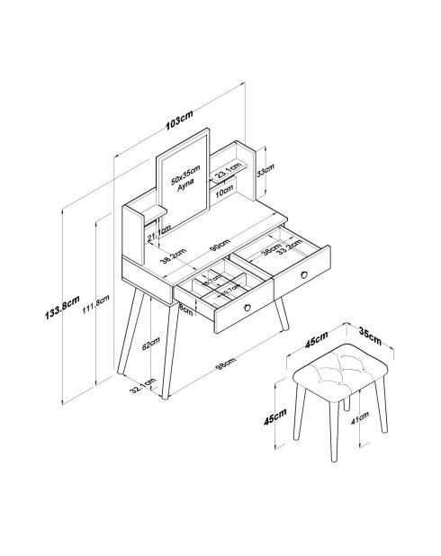 BJ159 make-uptafel - 3998 wit - 103x133,8x40 cm/45x35 cm