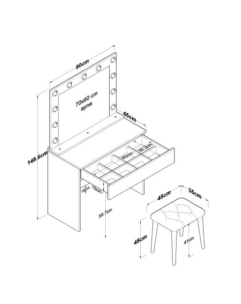 BJ161 make-uptafel - 4000 wit - 90 x 76,8 x 45 cm/90 x 71,8 x 15 cm/45 x 45 x 35 cm