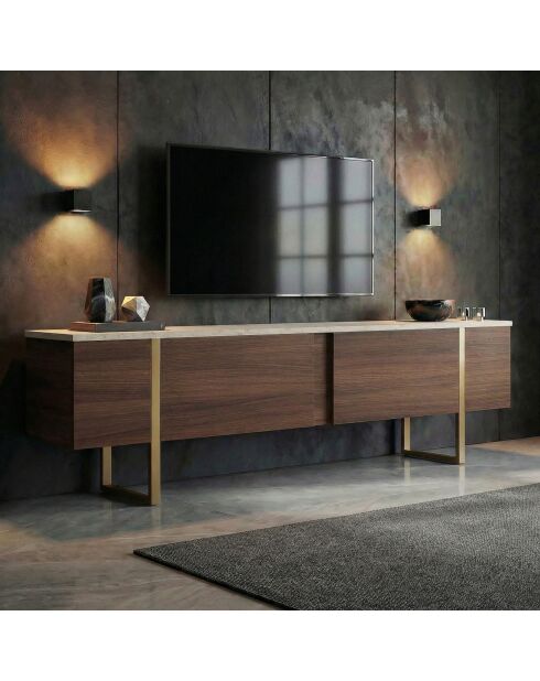 Meuble TV Onera travertin/noyer milano/doré - 180x50x30 cm