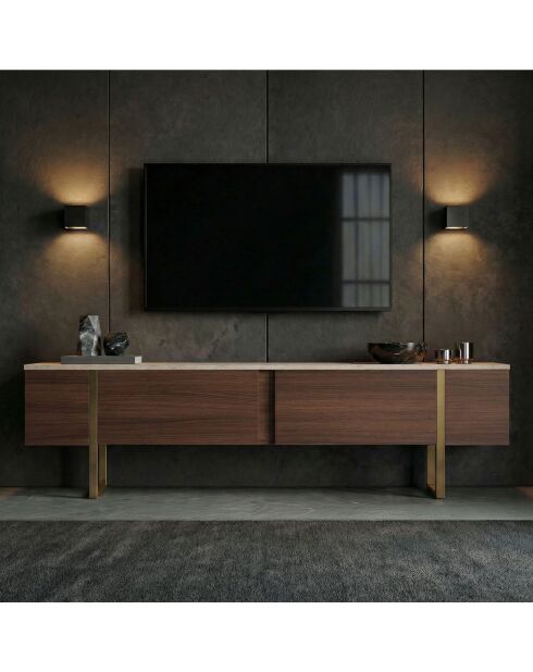 Meuble TV Onera travertin/noyer milano/doré - 180x50x30 cm