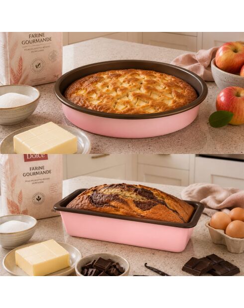 Le Duo du Goûter Dolce 1 moule à manqué D.26cm et 1 moule à cake 25 cm rose