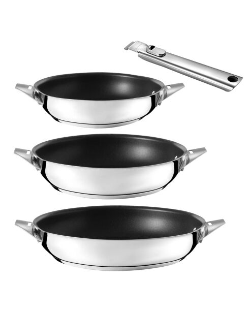 Lot de 3 poêles Eclipse inox revêtement céramique, 1 poignée amovible D. 20-24-28cm