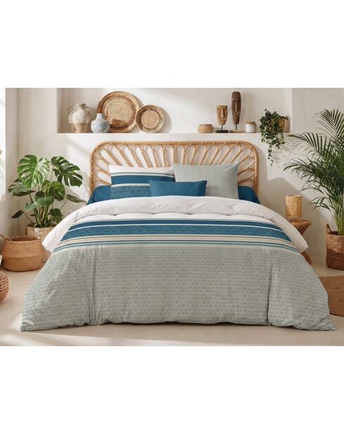 Parure housse de couette 3 pcs en coton Uriance bleu/blanc