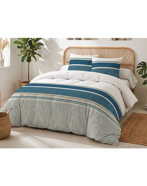 Parure housse de couette 3 pcs en coton Uriance bleu/blanc