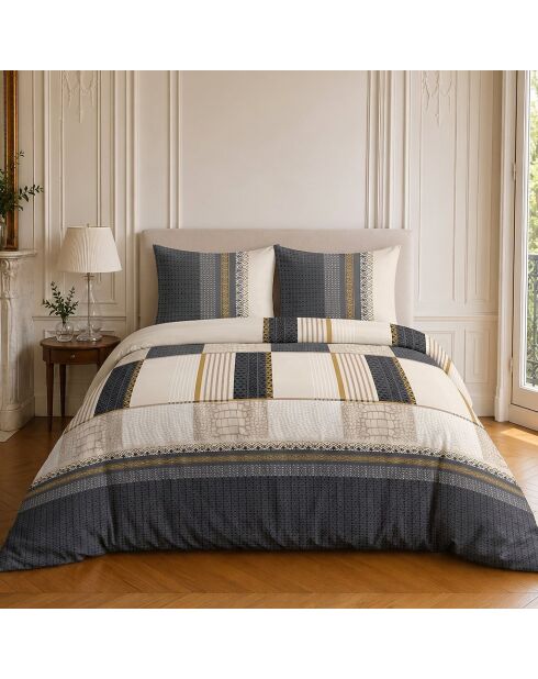 Parure housse de couette imprimée en coton Helene beige/marine