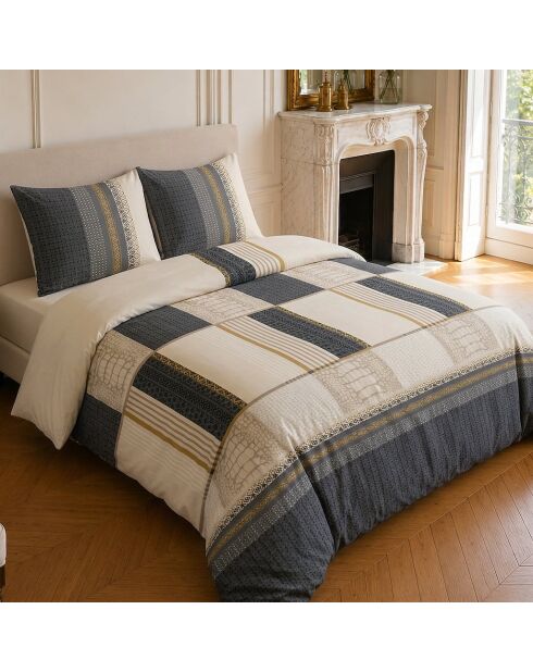 Parure housse de couette imprimée en coton Helene beige/marine