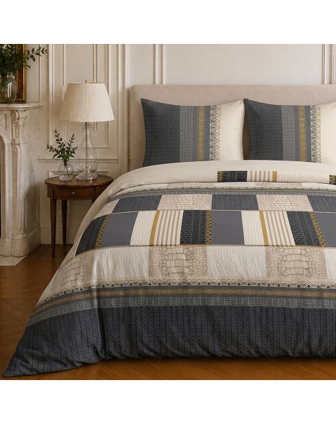 Parure housse de couette imprimée en coton Helene beige/marine