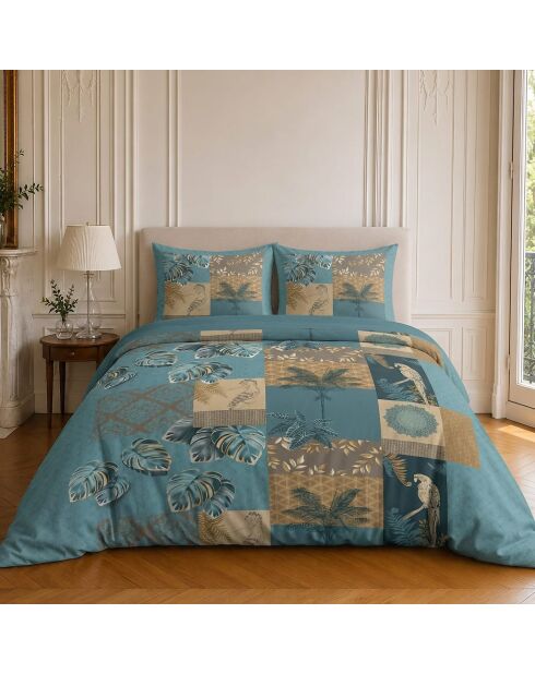Parure housse de couette imprimée en coton Suriname bleu canard