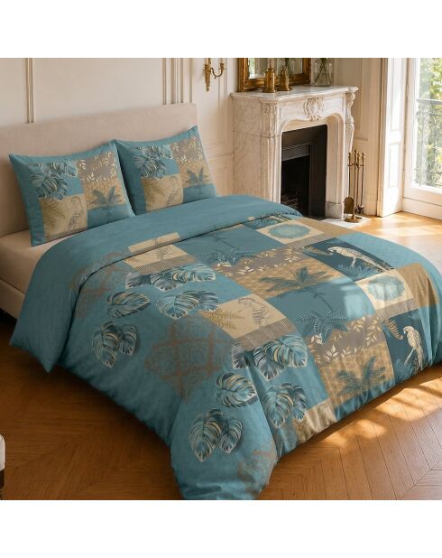 Parure housse de couette imprimée en coton Suriname bleu canard