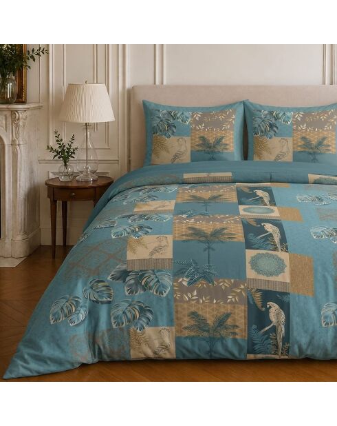 Parure housse de couette imprimée en coton Suriname bleu canard