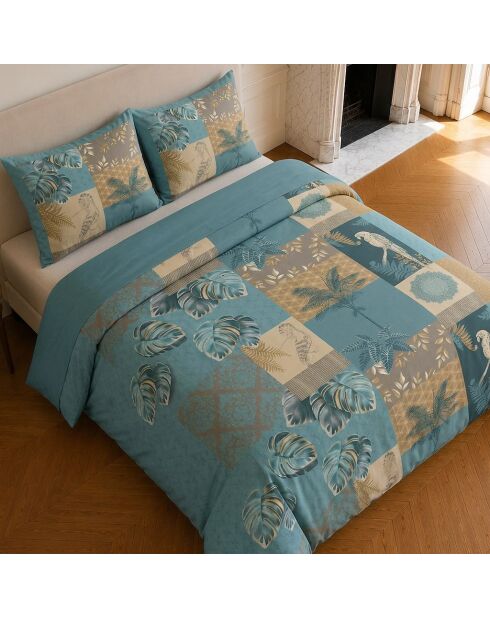 Parure housse de couette imprimée en coton Suriname bleu canard