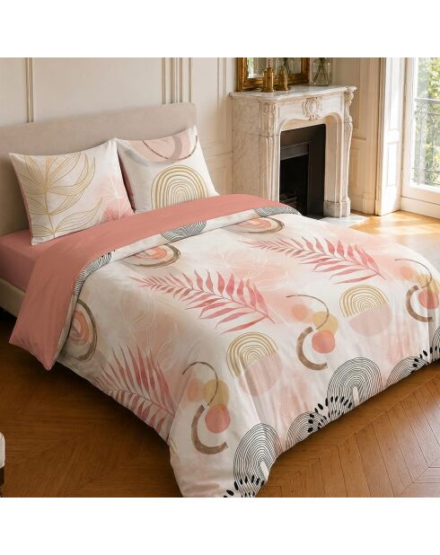 Parure housse de couette imprimée en coton rose/beige