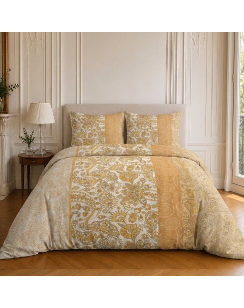 Parure housse de couette imprimée en coton Bombay safran/crème