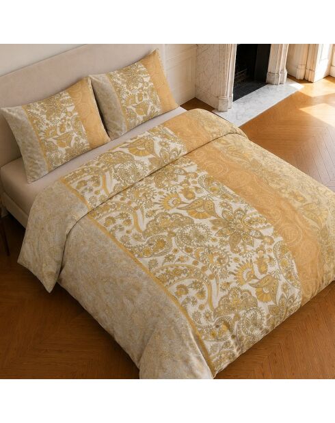 Parure housse de couette imprimée en coton Bombay safran/crème
