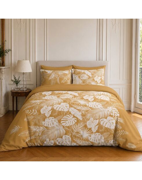 Parure housse de couette imprimée en coton Leaves moutarde