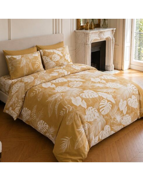 Parure housse de couette imprimée en coton Leaves moutarde