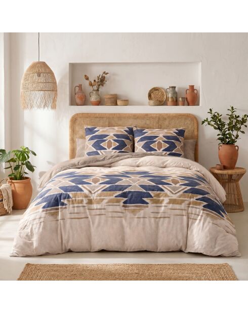 Parure housse de couette 3 pcs en coton Apotek bleu/beige
